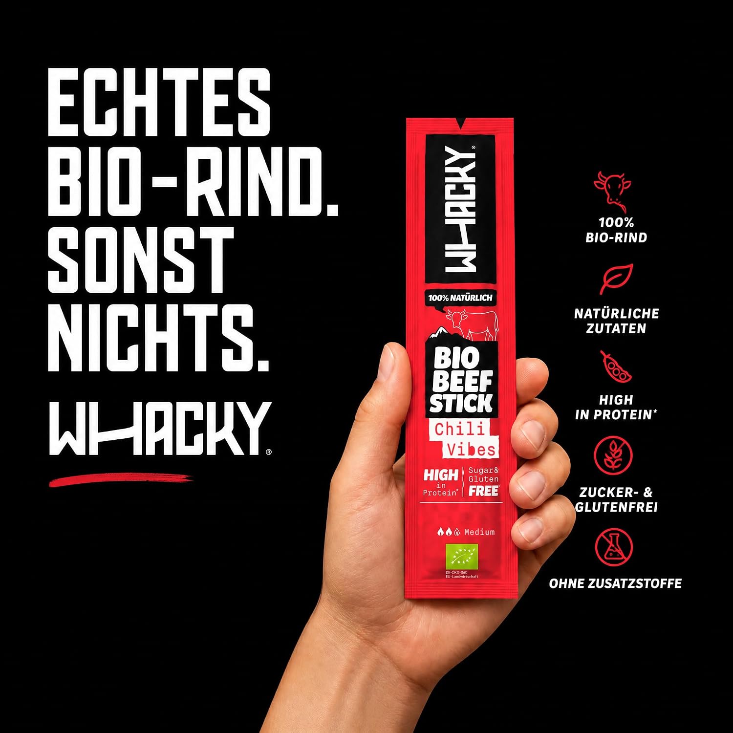 Whacky Organic Beef Sticks - Chili Vibes (9 x 32 g) Protein Snack Made of Beef - Salami Sticks without Sugar - Low Carb, for Fitness, Keto, Outdoor & On the Go - Spicy Chili Flavour – Bild 3