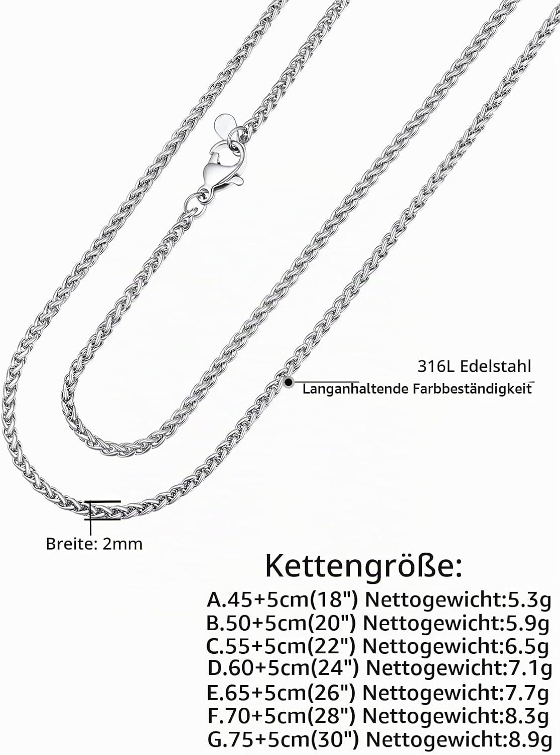 PROSTEEL Wheat Chain Men's Necklace Stainless Steel Chain Women's Link Chain Jewellery Men's Chain 46 to 76 cm Long Selectable 2/3/6/9 mm Wide in Silver/Black/Gold – Bild 4