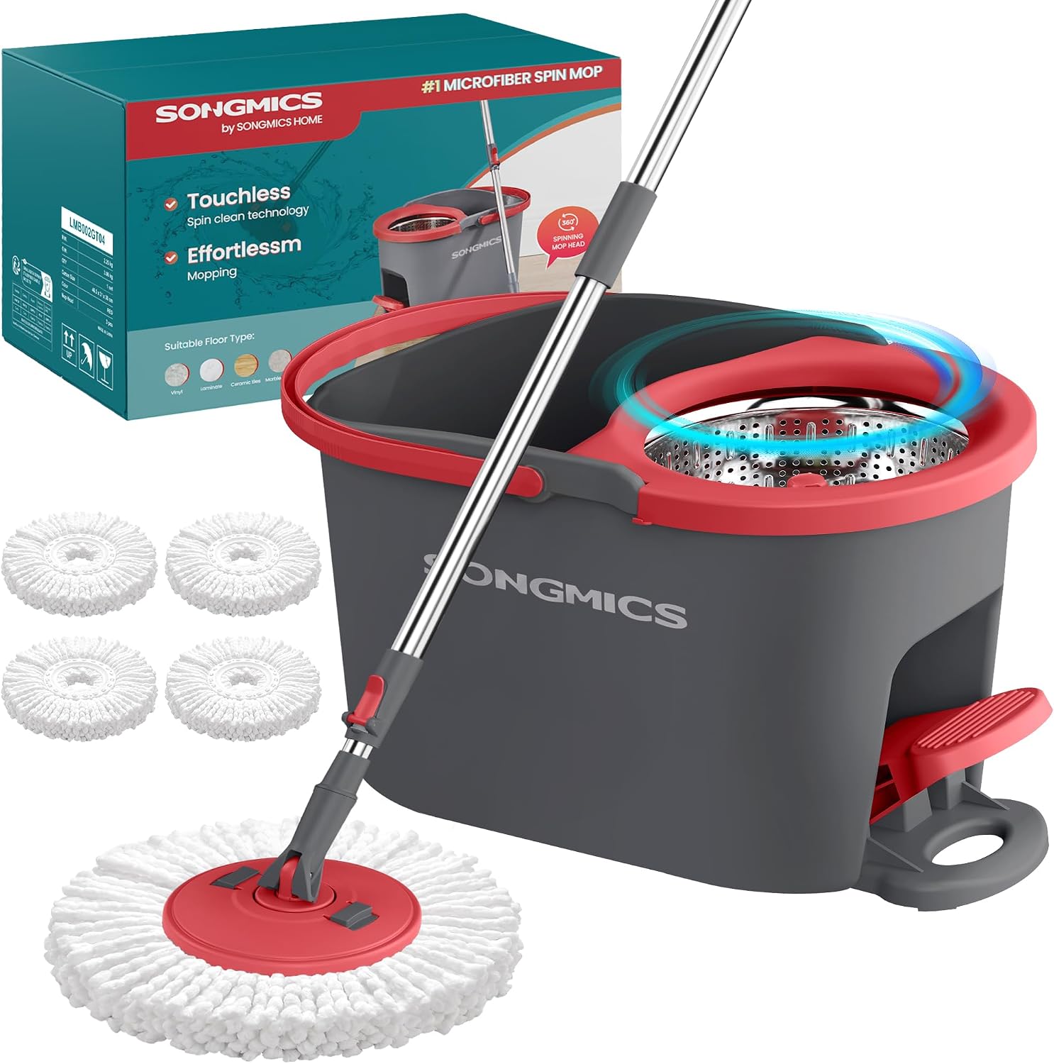 SONGMICS Mop Set with Bucket and Spin - 4 Microfibre Covers