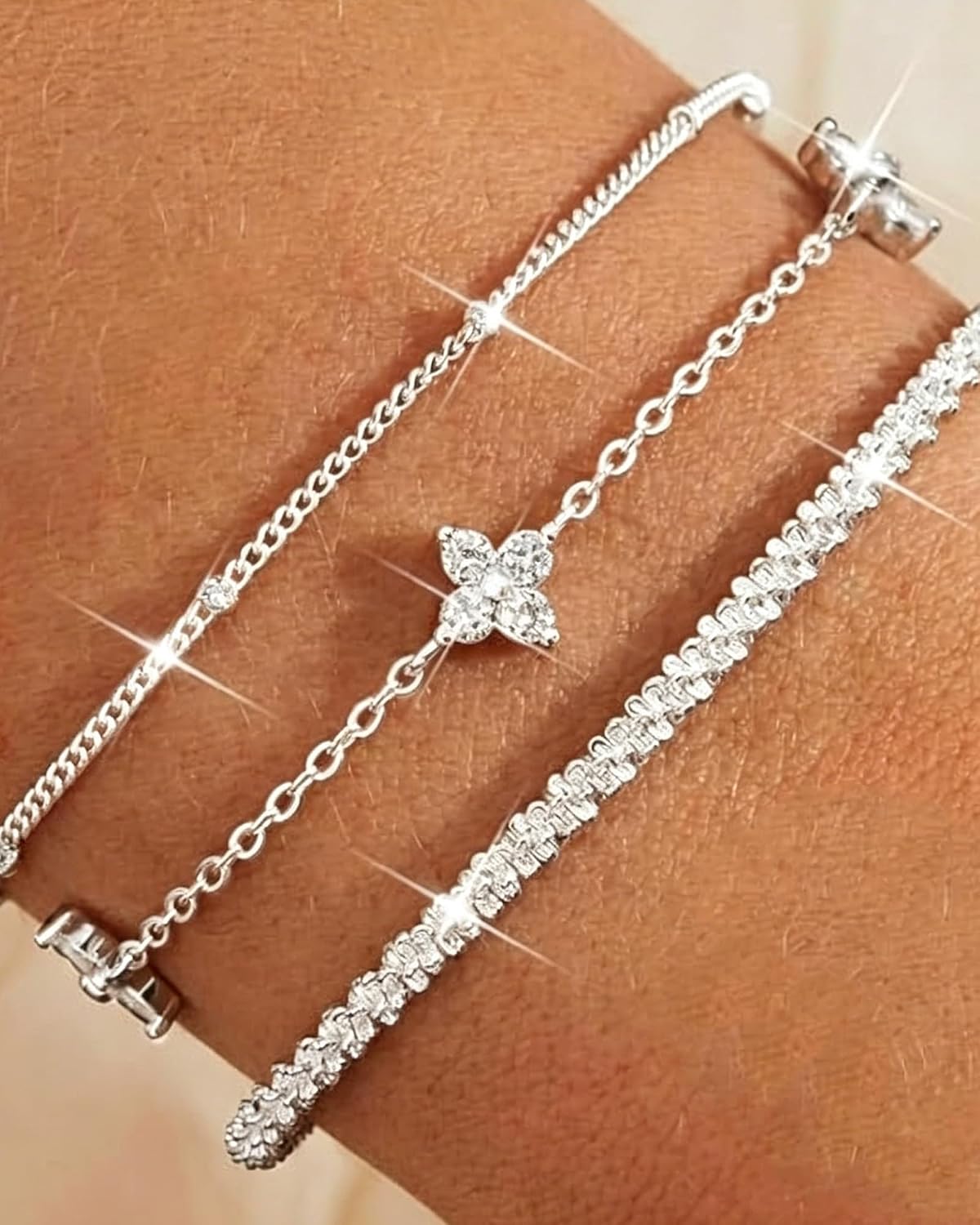 Women's Bracelet 3-Piece Set Silver 925 Sterling Silver Adjustable Silver Jewellery Nickel and Lead Free Suitable as a Birthday Gift for Women and Girls – Bild 2