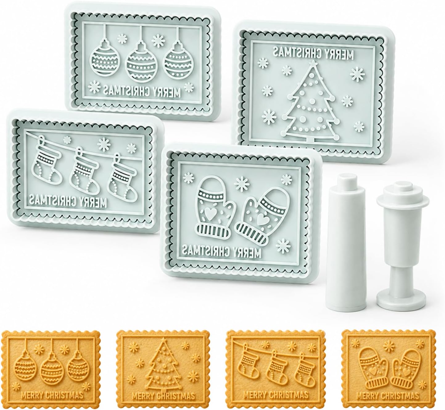 4 Piece 3D Merry Christmas Plastic Cookie Stamp Set
