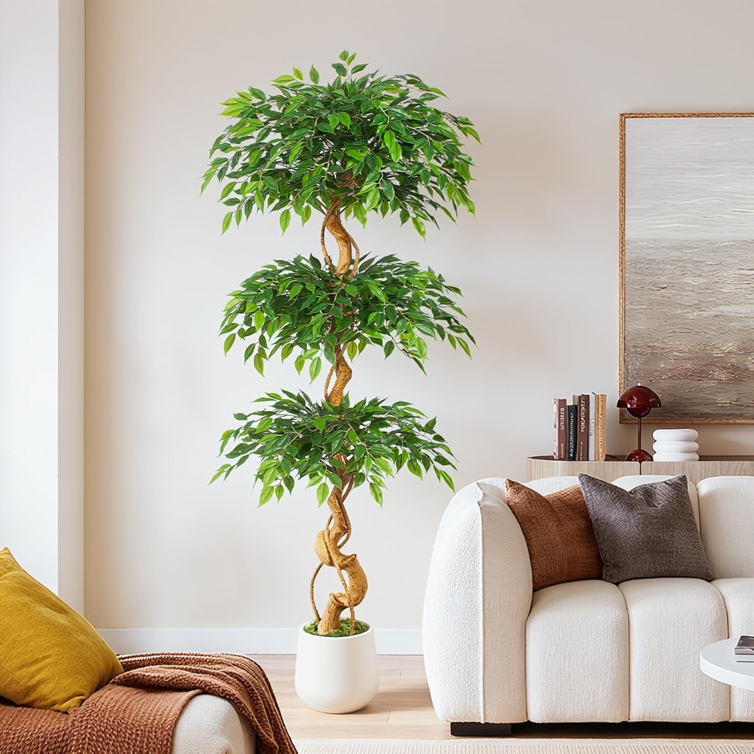 Artificial Plant Ficus Tree 180 cm with White Pot, Artificial Plants Large Like Real with Curved Tree Trunk and 1860 Leaves, Artificial Tree for Indoor Decoration, Living Room, Bedroom – Bild 2