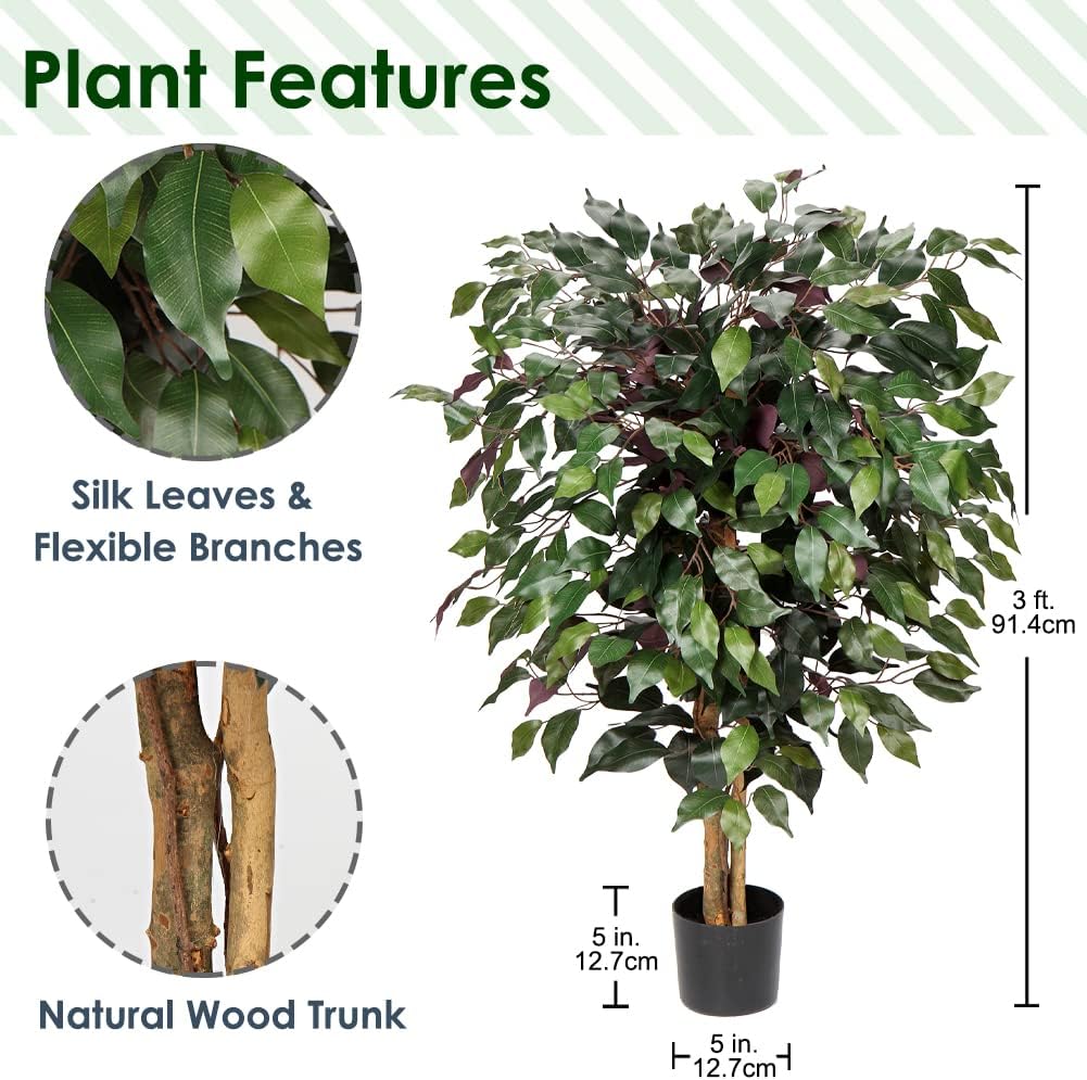 Artificial Tree Ficus Benjamini Artificial Plant Tree Artificial Plant Large with Real Wood Trunk Ideal for Interior Decoration Green Red – Bild 2