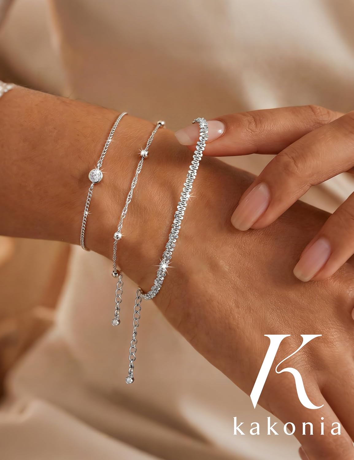 Women's 925 Silver Bracelets, Gold Bracelet with Cubic Zirconia, Waterproof Bracelets Set, Gold-Plated, Women's Bracelet, Stackable Tennis Beads, Adjustable Bracelet, Jewellery, Gift for Women, Pack – Bild 2