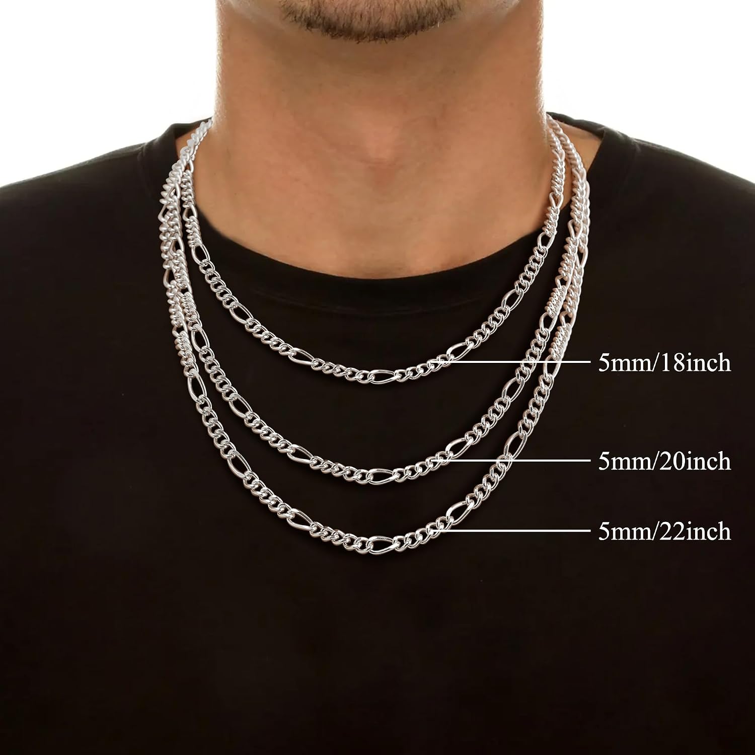 MOROTOLE Sterling Silver Figaro Chain Necklaces for Men Width 5 mm Diamond Cut Figaro Link Chain 18/20/22 Inches – Bild 3
