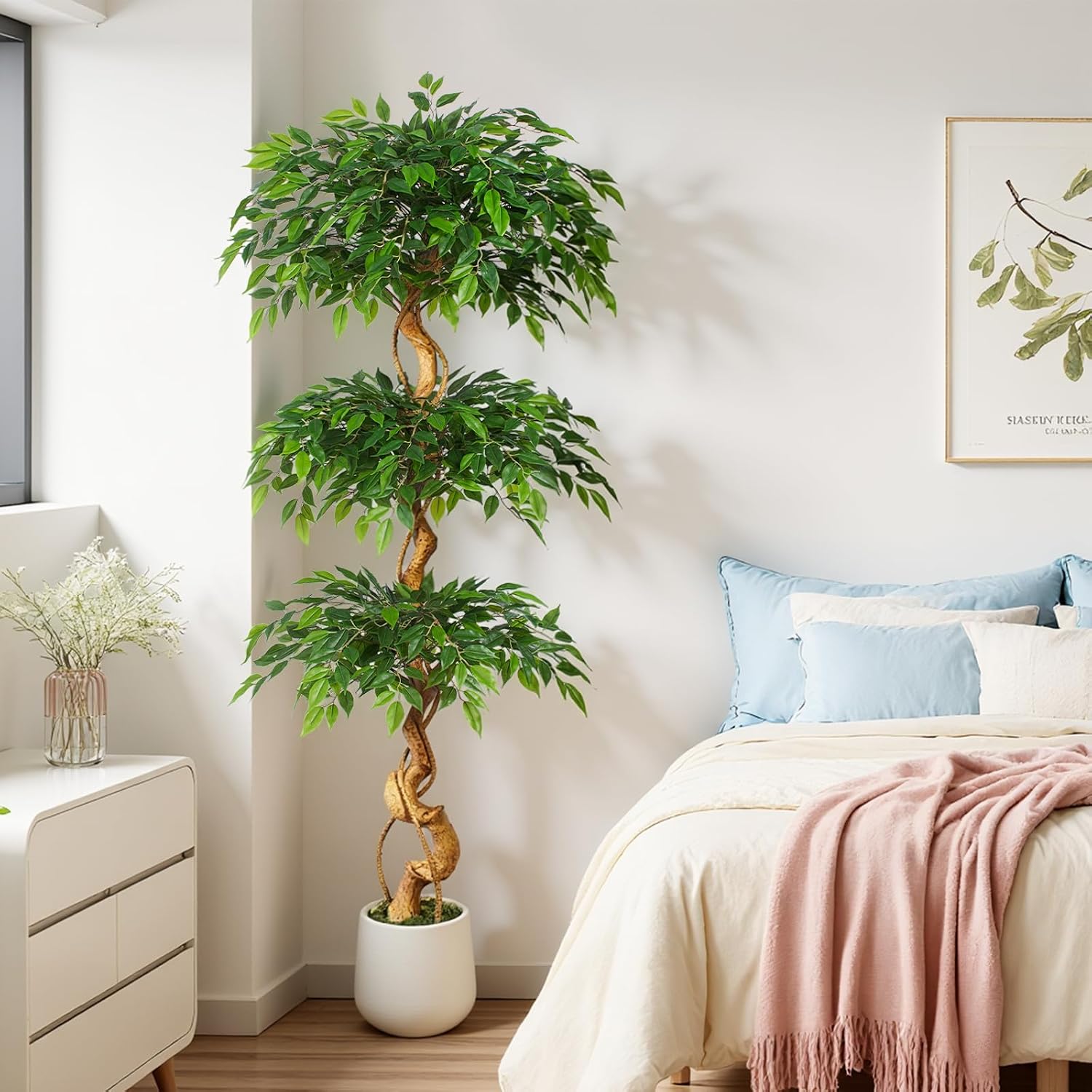 Artificial Plant Ficus Tree 180 cm with White Pot, Artificial Plants Large Like Real with Curved Tree Trunk and 1860 Leaves, Artificial Tree for Indoor Decoration, Living Room, Bedroom – Bild 9