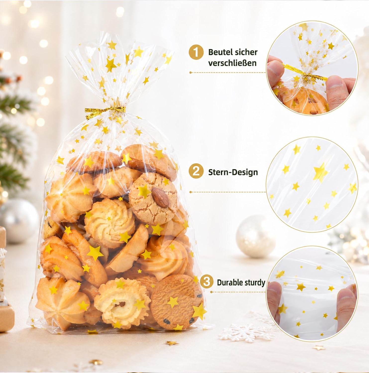 Pack of 100 Christmas Cookie Bags - Golden Star Biscuit Bags Christmas 15 x 25 cm | Cellophane Bags Transparent with Twist Ties, Christmas Bags for Filling for Biscuits, Sweets – Bild 3