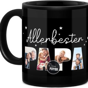 Tassendruck Black Mug with Saying "Allerbester Papa - Zum SelbstGestalten with Photo Collage for 4 Photos, Gifts, Birthday, Father's Day, 300 ml, Personalised Gift