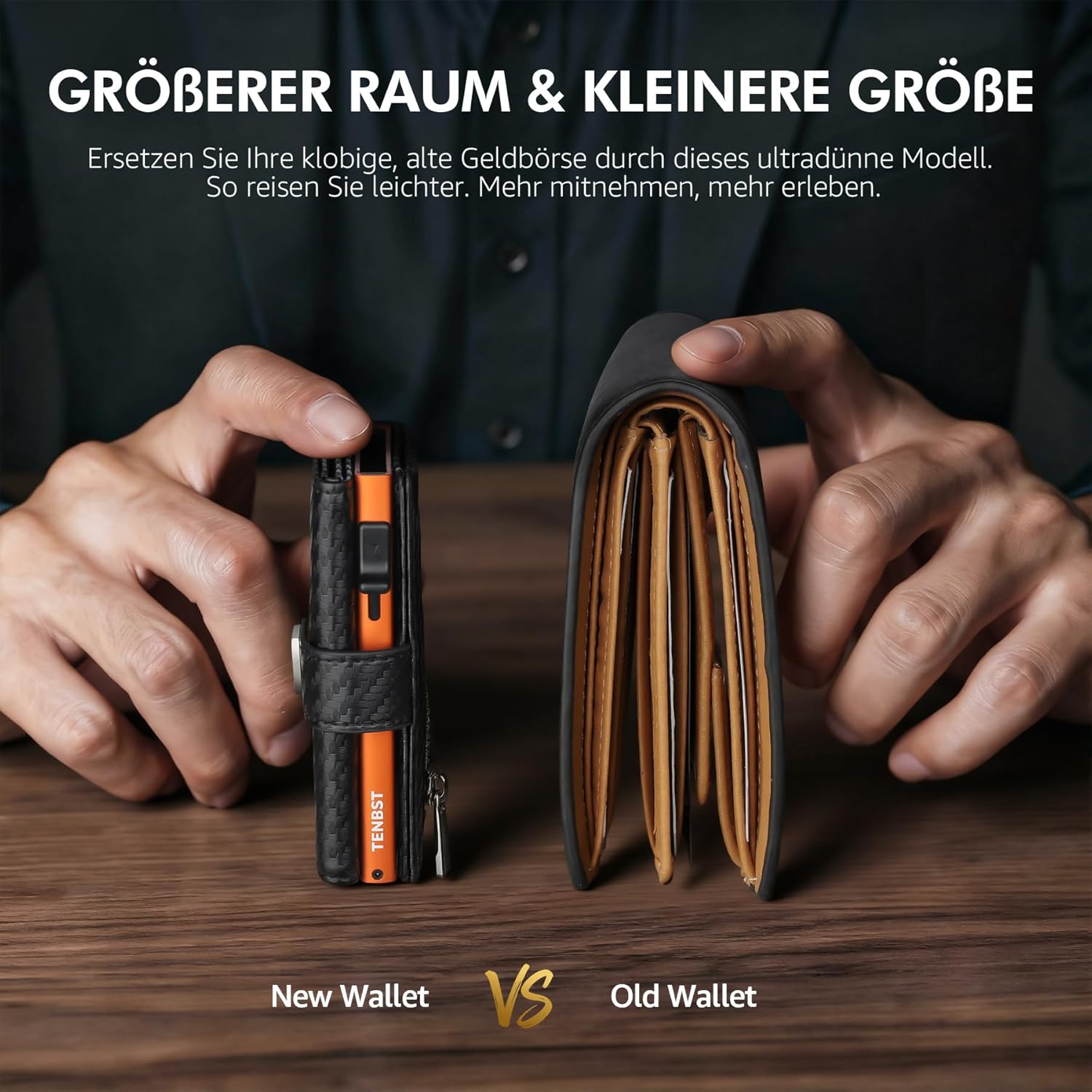 TENBST Men's Ultra Thin Wallet with Coin Compartment & RFID Protection, Premium Slim Wallet, Luxury Wallet Card Case for 10 Credit Cards, Gifts for Father's Day - Black & Orange – Bild 3