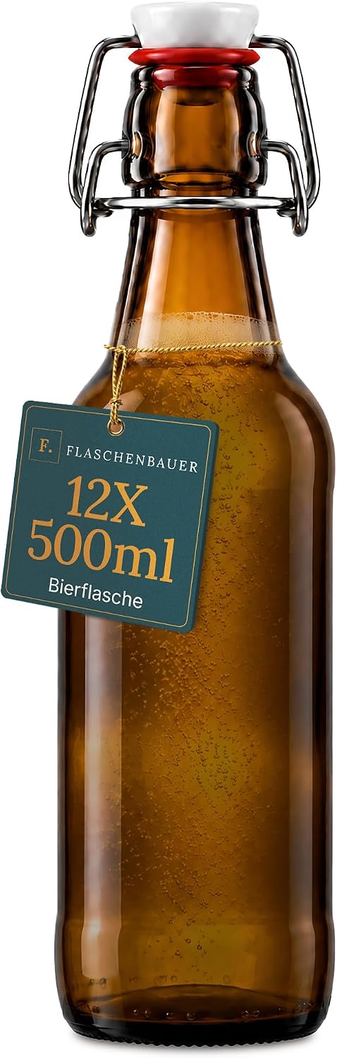 Flaschenbauer – 12 x Beer Bottles 500 ml Brown with Swing Top – Glass Bottle Set for Brewing Beer, Schnaps, Juice & Preserving, Robust Glass Bottles