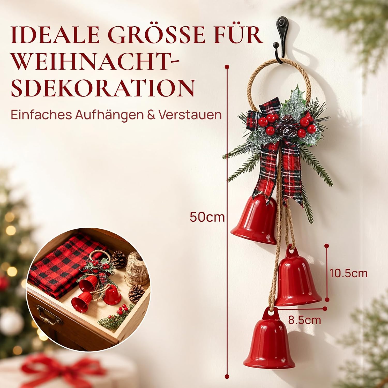 Red Christmas Bells Hanging 3 Large Rustic Bells with Jute Rope – Bild 2