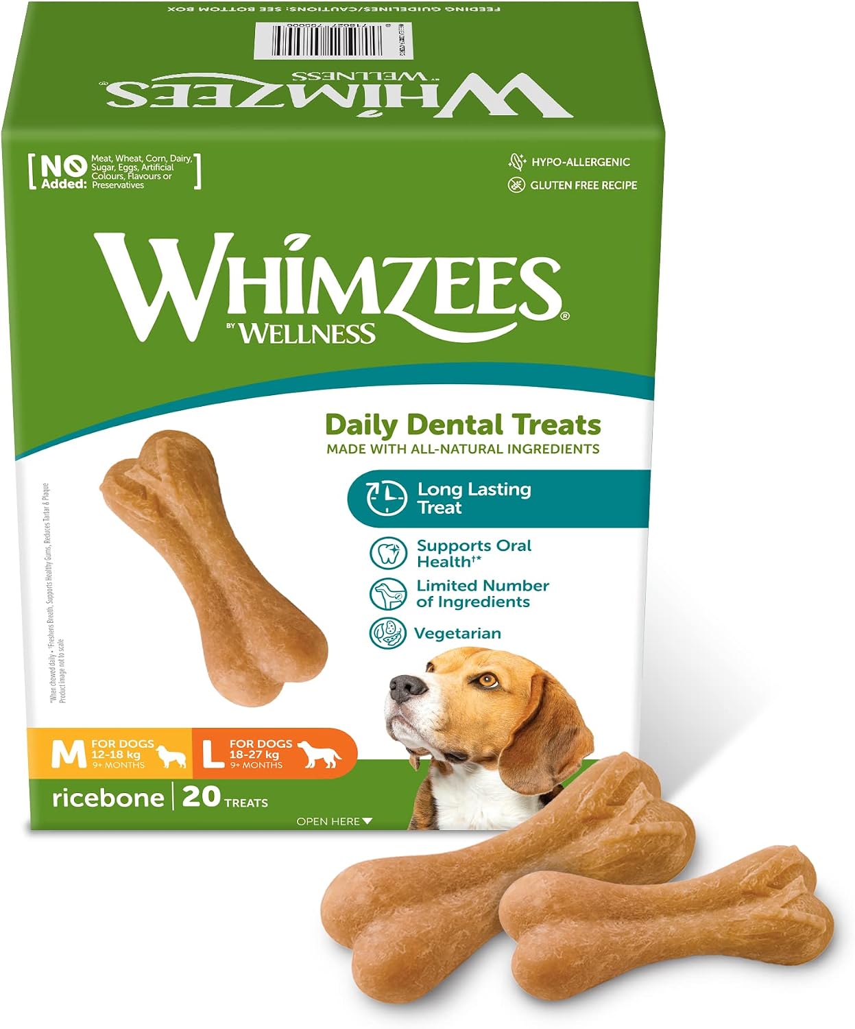 WHIMZEES Reisknochen M/L, 20 Stück – Zahnpflege, Größe M/L