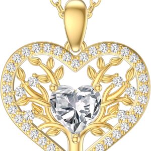 9k Gold Tree of Life Necklace for Women, 375/9ct Real Gold Tree of Life Birthstone Heart Pendant Necklace Jewellery Gifts for Birthday Christmas 40 + 5 cm