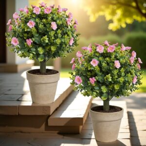 Artificial Plant 50 cm High Artificial Pink Tea Blossom Shrubs, UV Protection for Indoor and Outdoor Use, Office, Living Room, Bedroom and Garden, Modern Decoration, Pack of 2