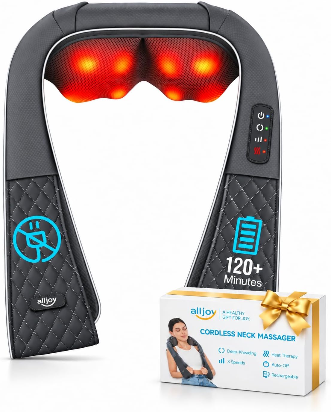 ALLJOY Wireless Neck Massager with Heat, Shiatsu 4D Deep Kneading Massage