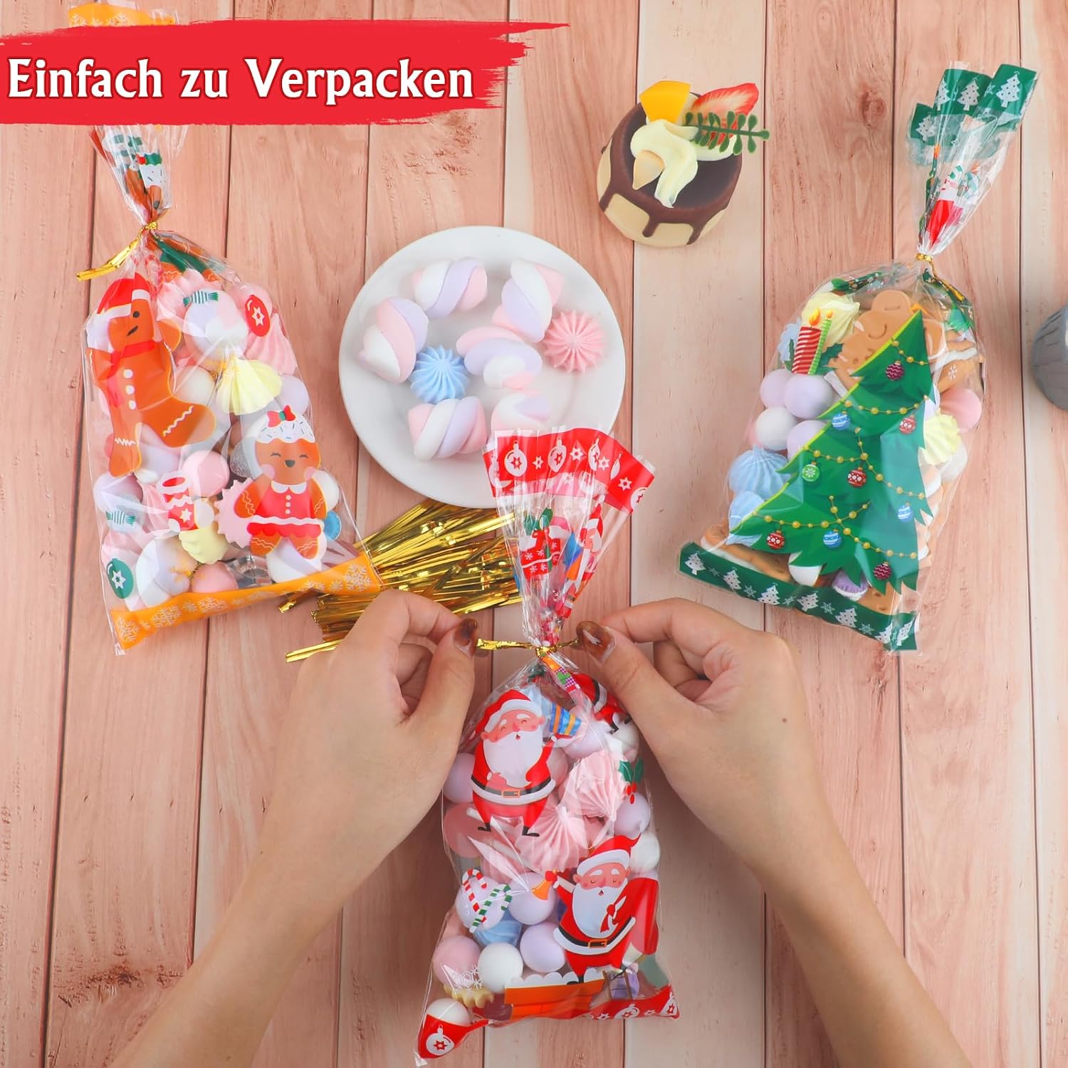 Pack of 120 Cellophane Bags, Christmas Candy Bags, Biscuits, Goody Bags with 120 Twist Ties, Bags for Filling, Cellophane Bags Small for Cookies, Biscuits, Chocolates (Yellow) – Bild 3