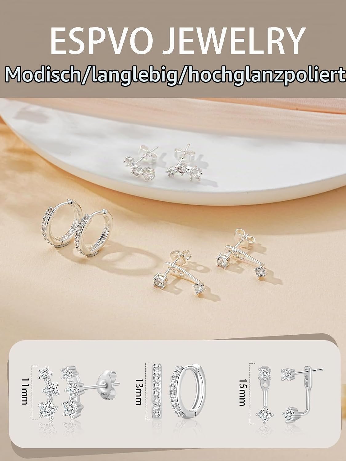 3 Pairs of Earrings Silver 925 Set for Women Hoop Earrings Hypoallergenic Earrings Small Zirconia Stud Earrings Silver Jewellery for Multiple Piercings – Bild 4