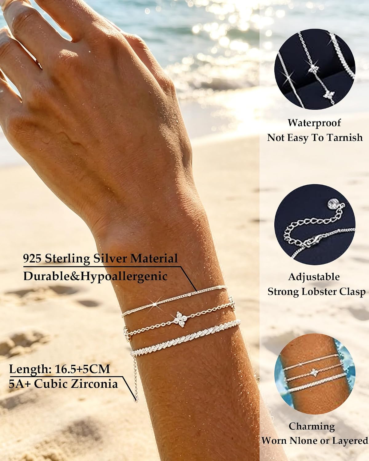 Women's Bracelet 3-Piece Set Silver 925 Sterling Silver Adjustable Silver Jewellery Nickel and Lead Free Suitable as a Birthday Gift for Women and Girls – Bild 4