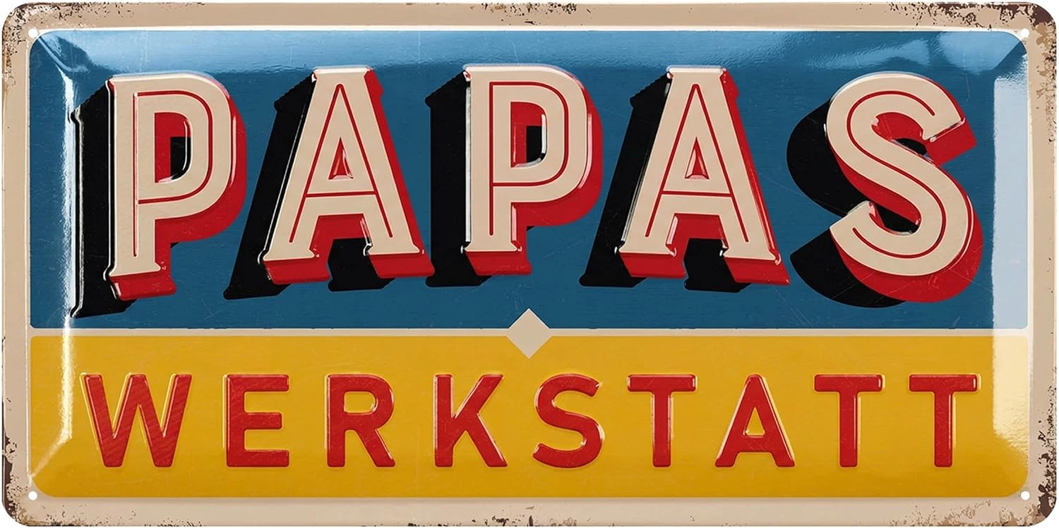 LANOLU Tin Sign Papas Workshop - Sign Papas Service - Birthday Gift or Father's Day Gift Sign for Dad - Funny Retro Decoration with Saying 17 x 34 cm