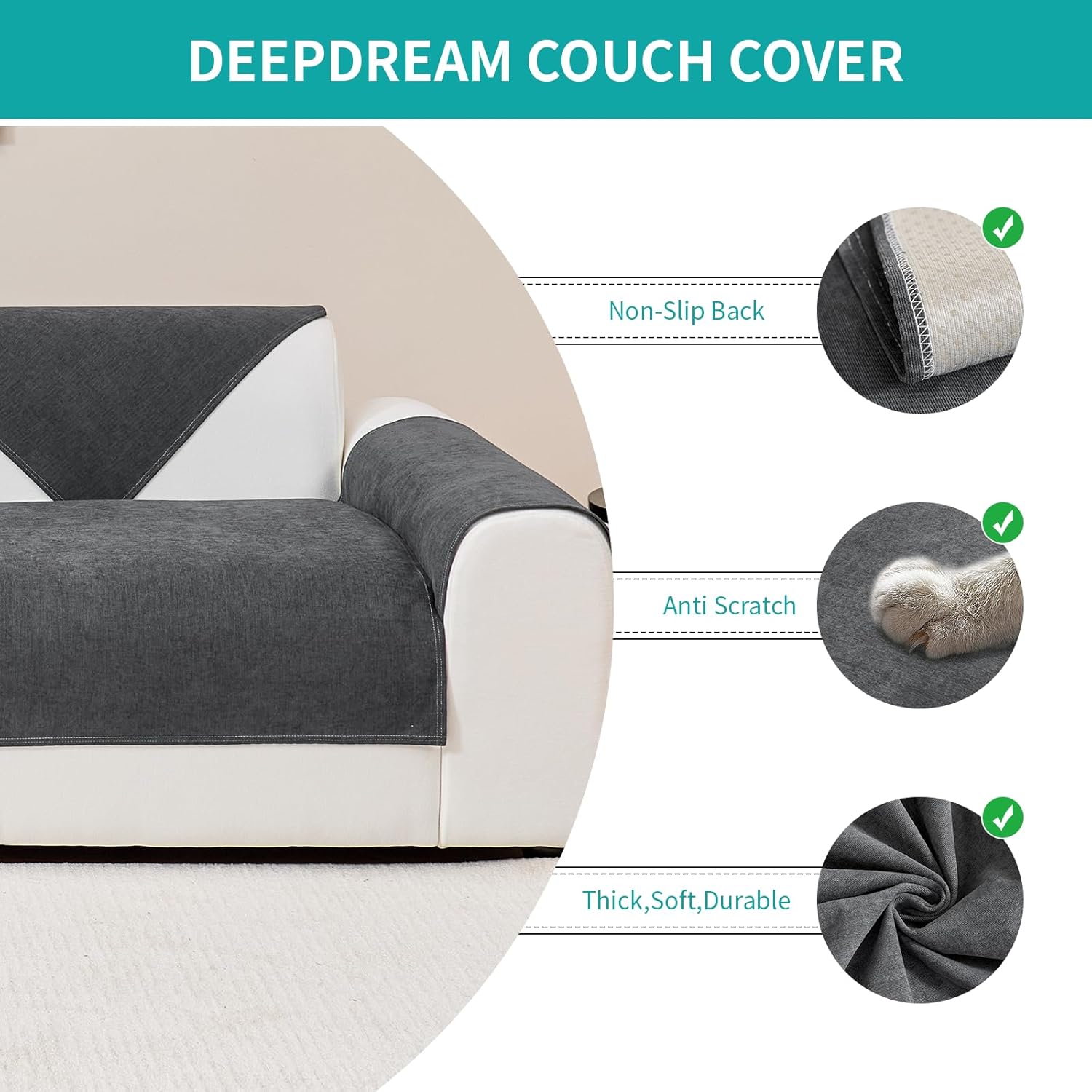 Deep Dream Waterproof Sofa Cover Chenille Sofa Cover, Scratch-Resistant Dog Cat Sofa Protector, Non-Slip Sofa Cover Couch Cover 2 3 4 Seater for U Shape L Shape Sectional Sofa (Dark Grey, 90 x 160 cm) – Bild 4