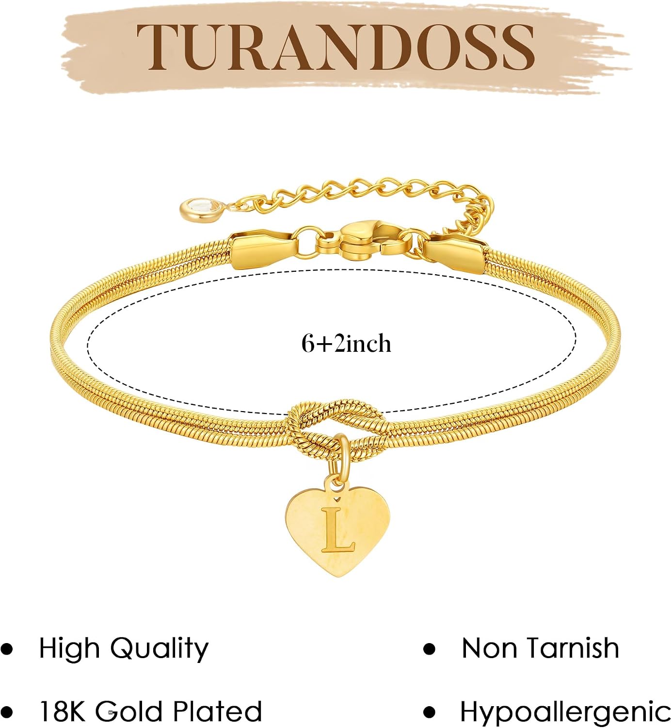 Turandoss Women's Gold Bracelet - 18K Gold Plated Knot Bracelet with Letters A-Z Heart Pendant Bracelets Gifts for Women Girlfriend Girls Maid of Honor Gift Women – Bild 5