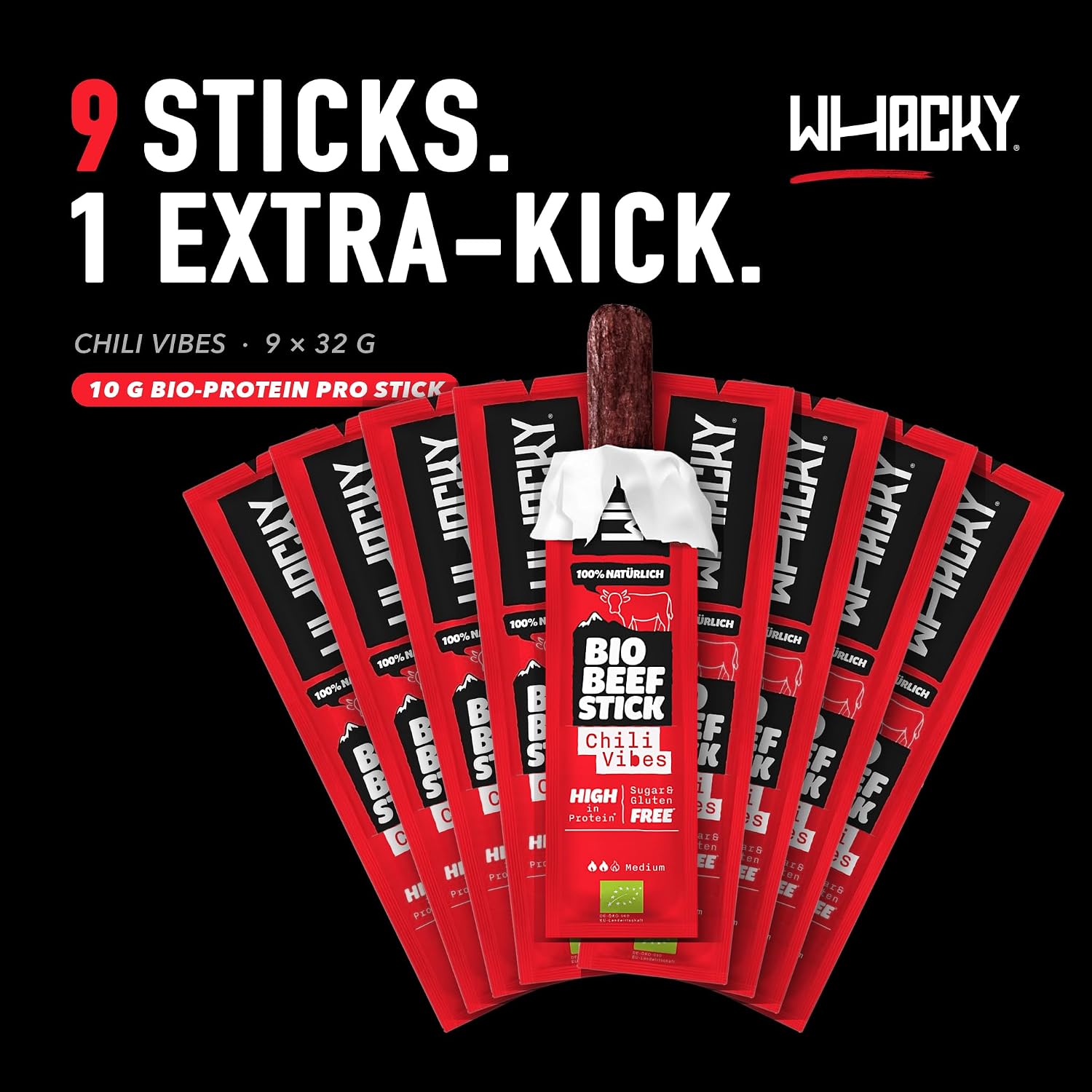 Whacky Organic Beef Sticks - Chili Vibes (9 x 32 g) Protein Snack Made of Beef - Salami Sticks without Sugar - Low Carb, for Fitness, Keto, Outdoor & On the Go - Spicy Chili Flavour – Bild 2