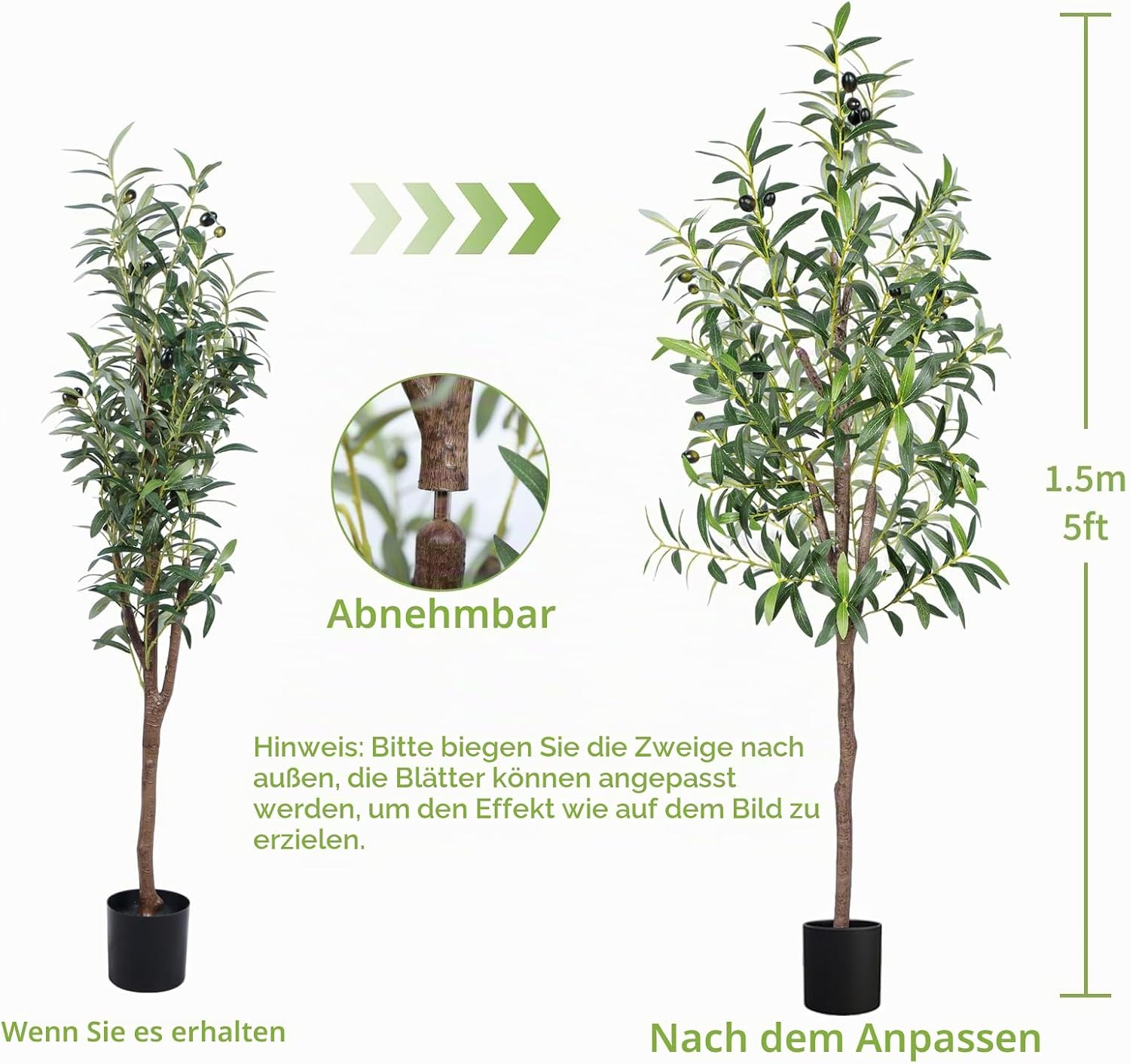 Artificial Olive Tree, 150 cm, Artificial Plant Like Real with Pot & Thicker Trunk - More Leaves & Olives, Care Free. Ideal as Artificial Tree Indoor, Decorative Tree for Living Room, Office, Shop – Bild 7