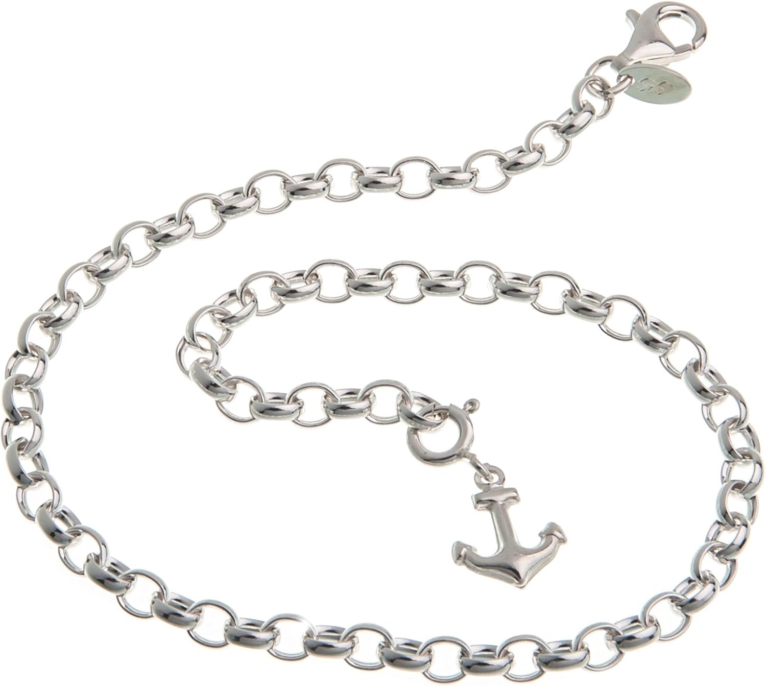 Anklet Silver (Pea Chain) with Anchor Pendant – 4 mm Width, Choice of Length 23 cm – 30 cm – Genuine 925 Silver