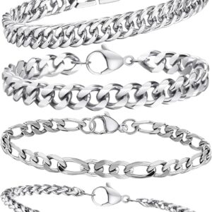 4 Stücke Armband Herren Silber Herren Armband Edelstahl Armbänder Panzerkette 19cm/21cm Herren Arm-band Edelstahl Armbänder für Männer Schmuck Herren für Papa Freund Schmuck Geschenk