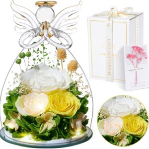 Touloube Eternal White Rose Gifts, Eternal Rose in Angel Glass Dome with a Beautiful Gift Box, Preserved Flowers, Handmade Infinity Rose for Women, Girlfriend, Mother