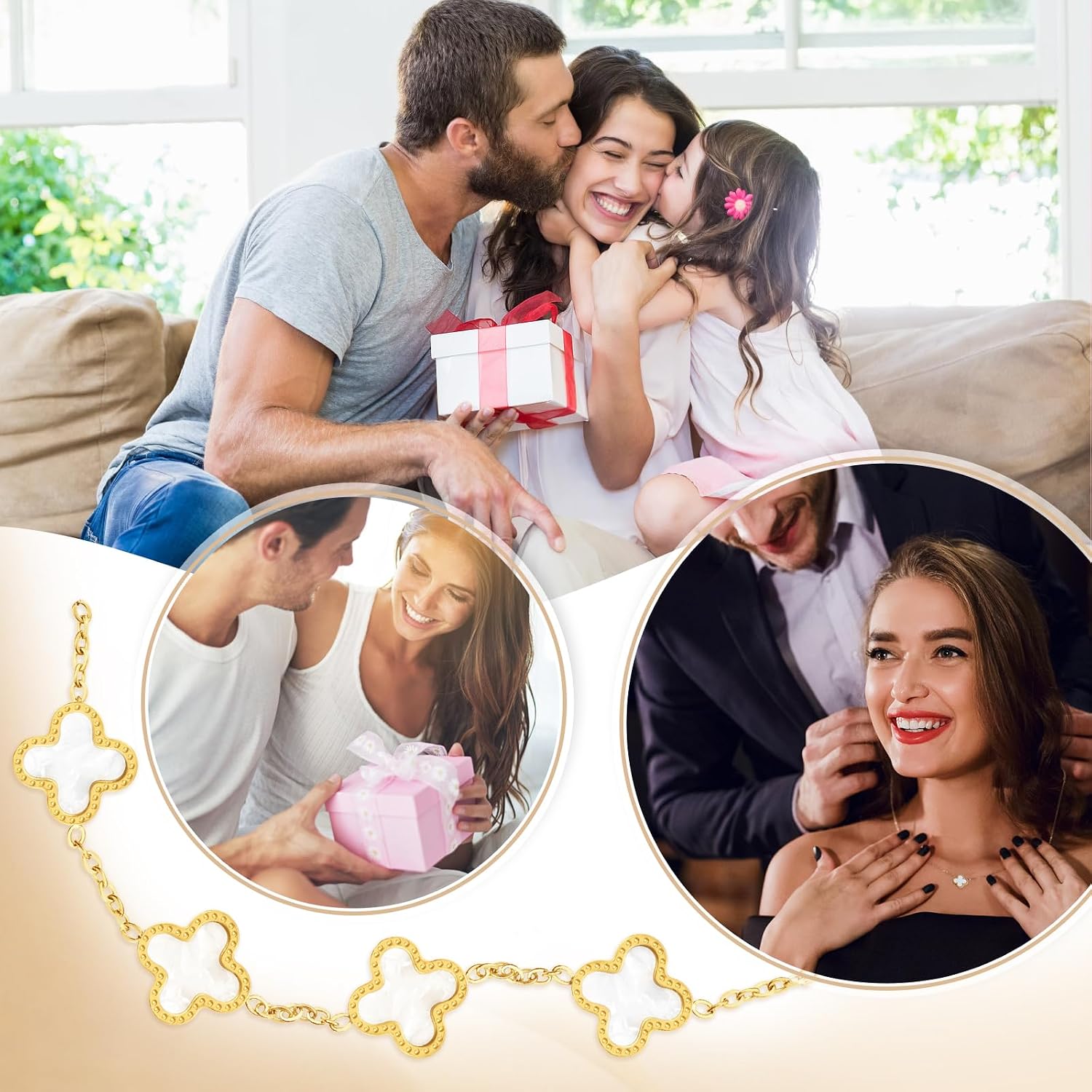 18K Vergoldet Vierblättriges Kleeblatt Armband, 18K Vergoldet Vierblättriges Kleeblatt Anhänger Halskette, Gold Armband Cubic Zirkonia Armreif, 3 PCS Schmuck Set für Geschenke Geburtstags – Bild 3