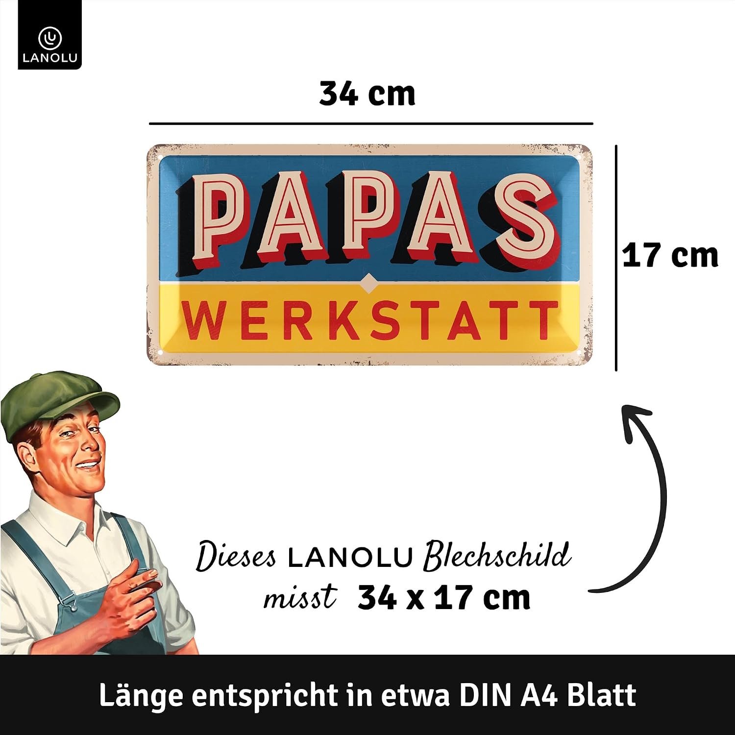 LANOLU Tin Sign Papas Workshop - Sign Papas Service - Birthday Gift or Father's Day Gift Sign for Dad - Funny Retro Decoration with Saying 17 x 34 cm – Bild 4