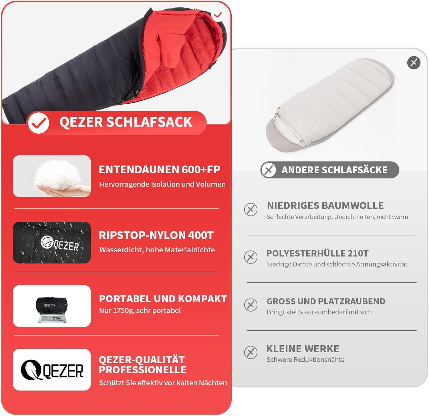 Down Sleeping Bag, Warm Lightweight Winter Sleeping Bag 0 °C to -23 °C for Adults and Children, 4 Seasons, Camping, Outdoor and Indoor – Bild 5