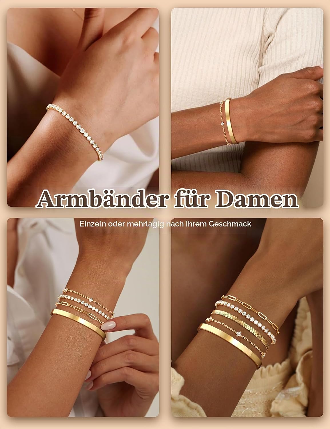 Krfy 5 Women's Gold Silver 14K Gold-Plated Jewellery Bracelet Set Dianty Adjustable Stackable Bracelets CZ Tennis Bracelets Herringbone Chain Bracelets for Women and Girls Bracelet Gifts – Bild 6