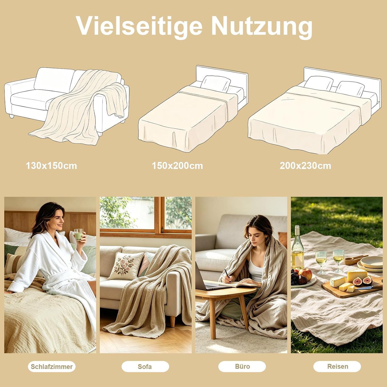 6-Layer Muslin Blanket 150 x 200 cm Breathable Beige – Bild 2