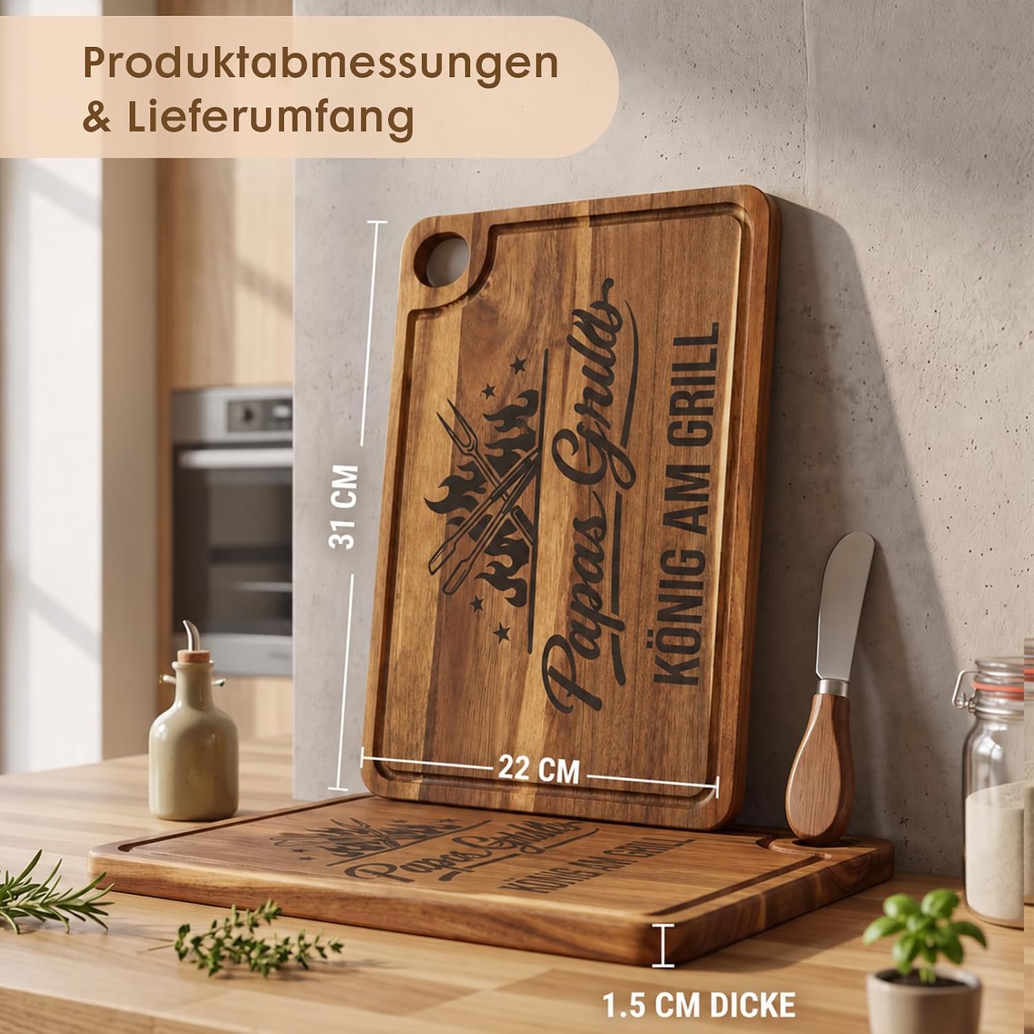 Papa Gifts - Acacia Wood Chopping Board with Cheese Knife, Dad Gift Birthday, Father's Day Gift for Dad, Dad Gift Christmas, Christmas Gifts for Dad – Bild 2