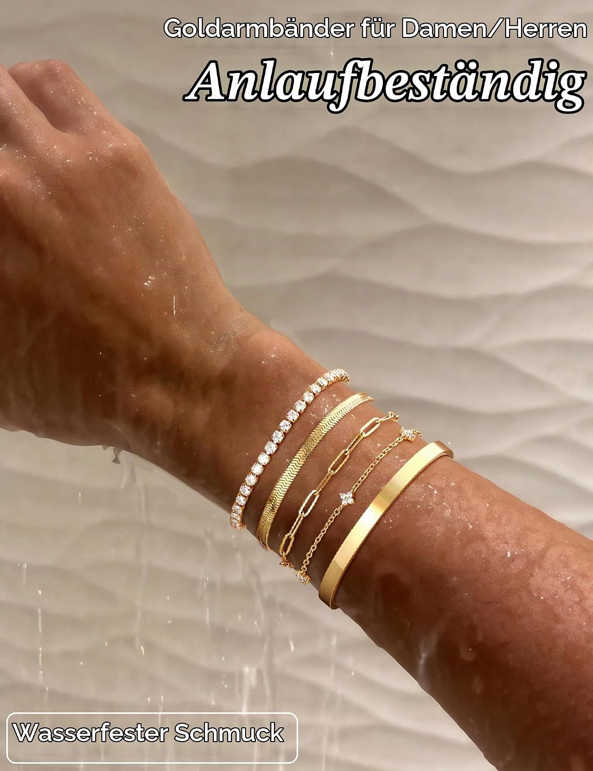 Krfy 5 Women's Gold Silver 14K Gold-Plated Jewellery Bracelet Set Dianty Adjustable Stackable Bracelets CZ Tennis Bracelets Herringbone Chain Bracelets for Women and Girls Bracelet Gifts – Bild 5