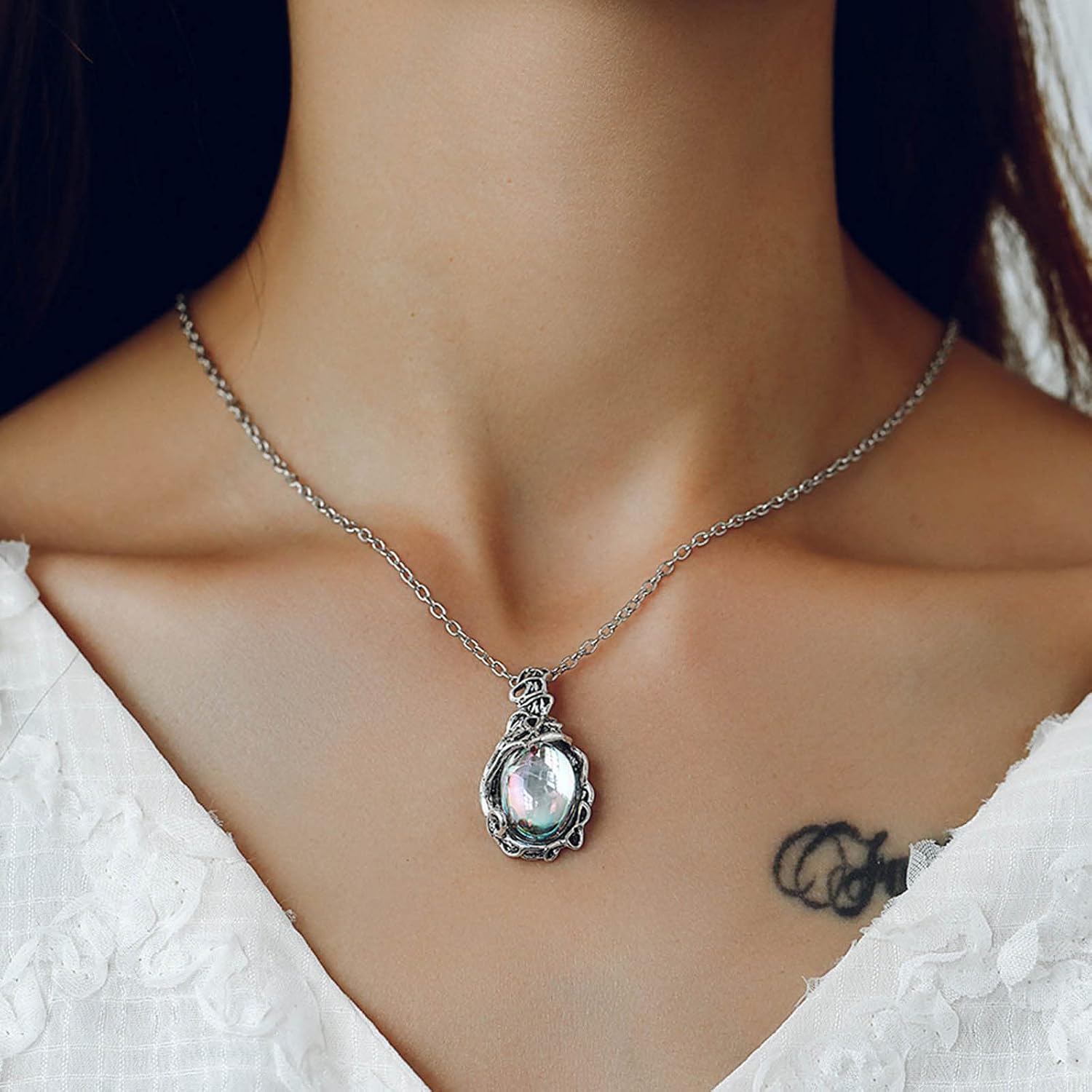 Silver Opal Necklace Vintage Teardrop Moonstone Pendant Necklace Dainty Water Drops Birthstone Choker Necklace Statement Fashion Jewellery For Women Girls