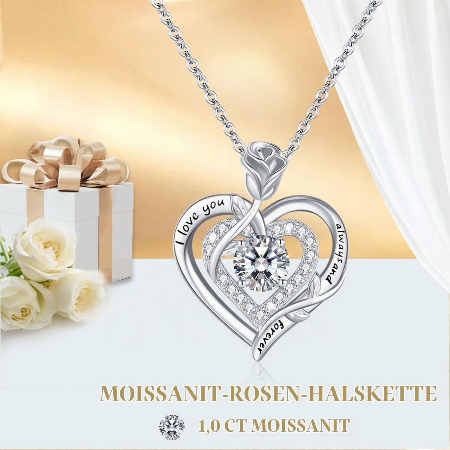 LAVUMO Moissanite Halskette Damen Silber 925 Herz Rose Schmuck Geschenke – Bild 2