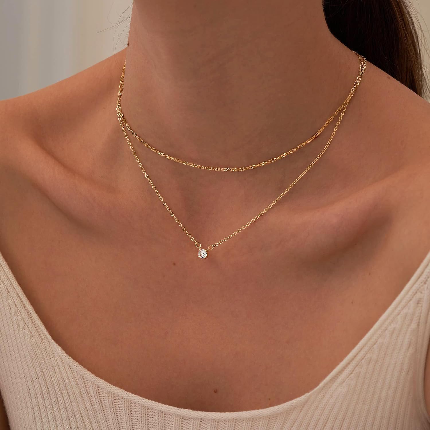 Tewiky Layering Halskette Damen, 925 Silber, Goldkett CZ Anhänger Set – Bild 5