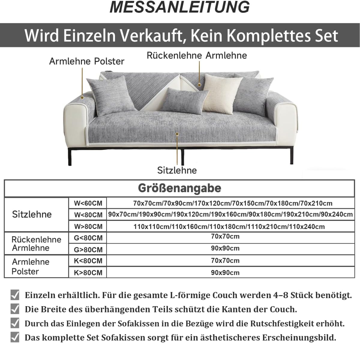 Sofa Cover, Couch Cover L Shape 1/2/3/4 Seater, Sofa Cover Corner Sofa Non-Slip Sofa Protector, Sofa Blankets for Seat, Universal Sofa Throw, Light Grey, 70 x 70 cm – Bild 4