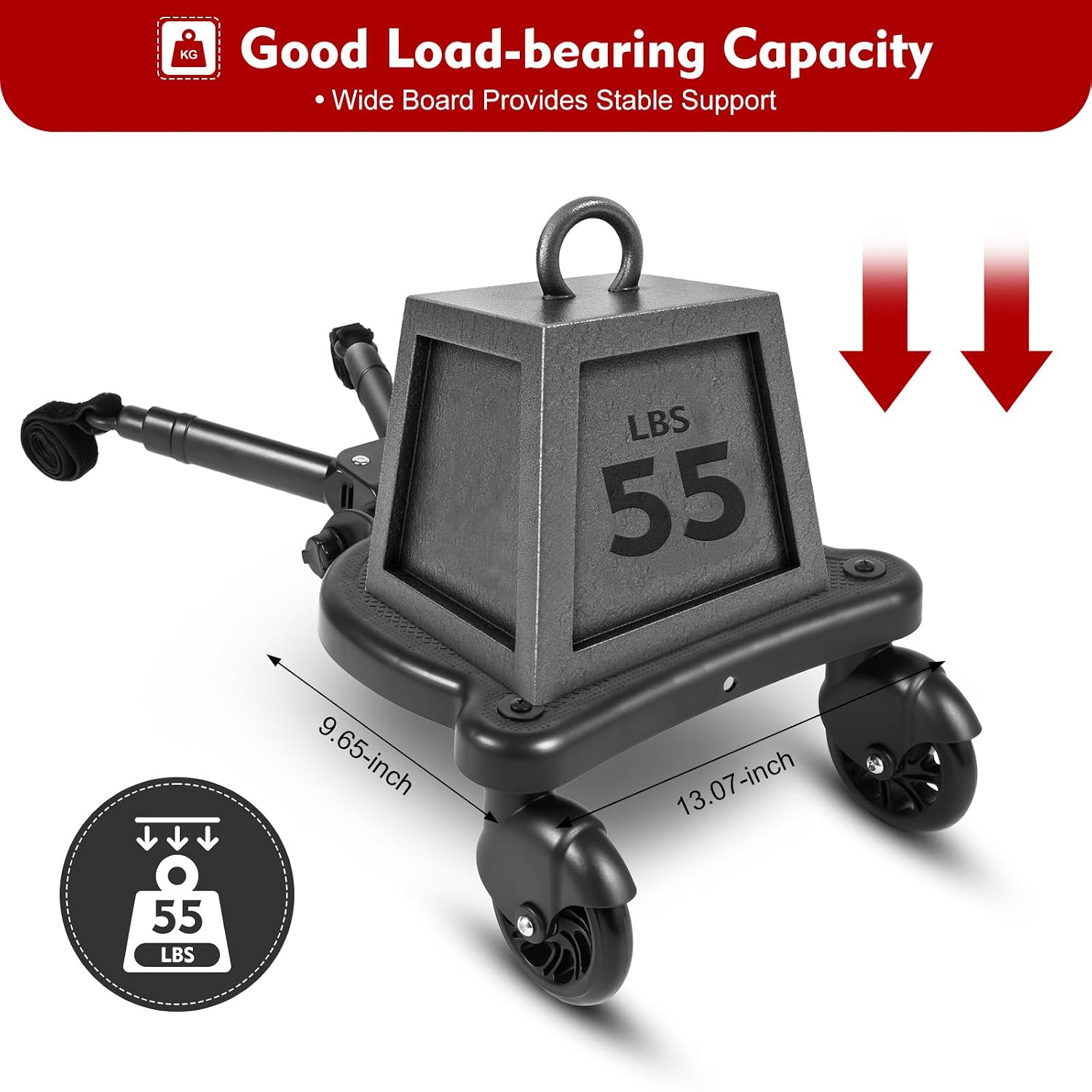 Universal Buggy Board, 25 kg Load Capacity, Black, Foldable, Removable Kiddyboard, Running Board, Wheeled Board, Carriage Board with Seat, Pram Organiser, Hanging Strap for Children from 2-6 Years – Bild 6