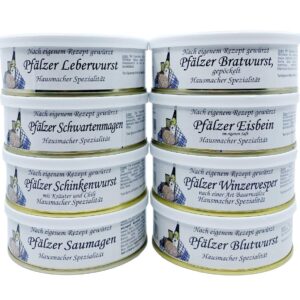 Pfälzer Sausage Box Sausage Package Gift Set in Net - 8 Different Tins e.g. Liver Sausage, Bratwurst, Eisbein, Saumagen, Blutwurst, Winezervesper, Schwartenstomen, Ham Sausage (8 x 200 g)