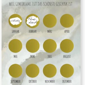 “Momente statt Dinge” Voucher Calendar, A4 with 12 Gold Scratch Stickers, “Time Instead of Stuff” Gift, Date Calendar for Couples & Friends, All Year Round, Personalised, Sage Grey