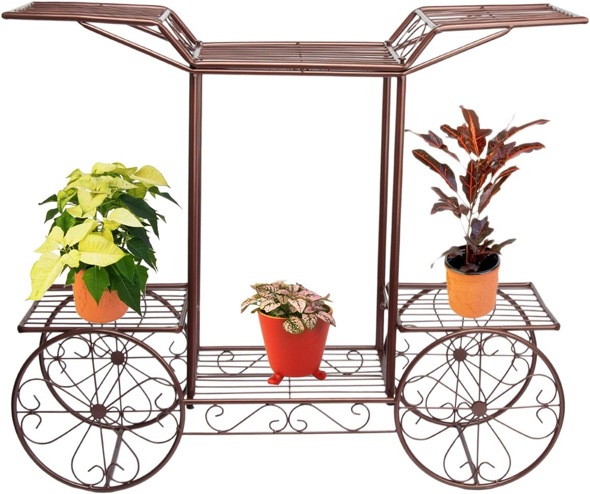FullBerg 2-Tier Metal Flower Shelf for Plants and Hanging Basket, Four Wheel Drive Flower Stand for Indoor Balcony, Living Room, Plant Stairs, Flower Stairs, Garden Shelf, Outdoor Decoration, Antique Bronze – Bild 7
