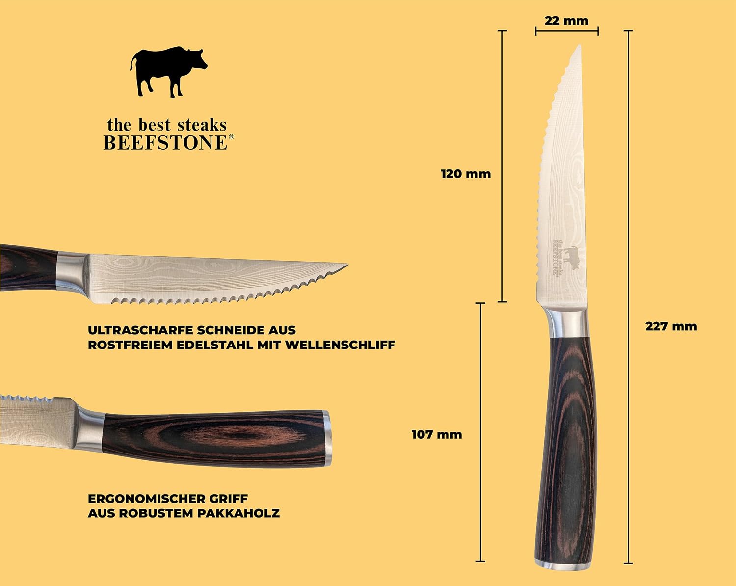 Steak Knife Set 6 Pieces Professional Chef's Knife, Ergonomic Wooden Handle, Serrated Edge, Gift Idea with Wooden Box for Storage – Bild 5