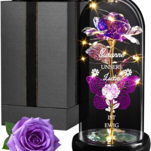 Maverton Purple Eternal Rose with LED Lighting in Glass Dome with Engraved