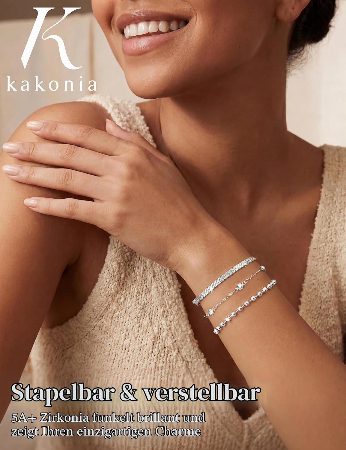 Women's 925 Silver Bracelets, Gold Bracelet with Cubic Zirconia, Waterproof Bracelets Set, Gold-Plated, Women's Bracelet, Stackable Tennis Beads, Adjustable Bracelet, Jewellery, Gift for Women, Pack – Bild 3