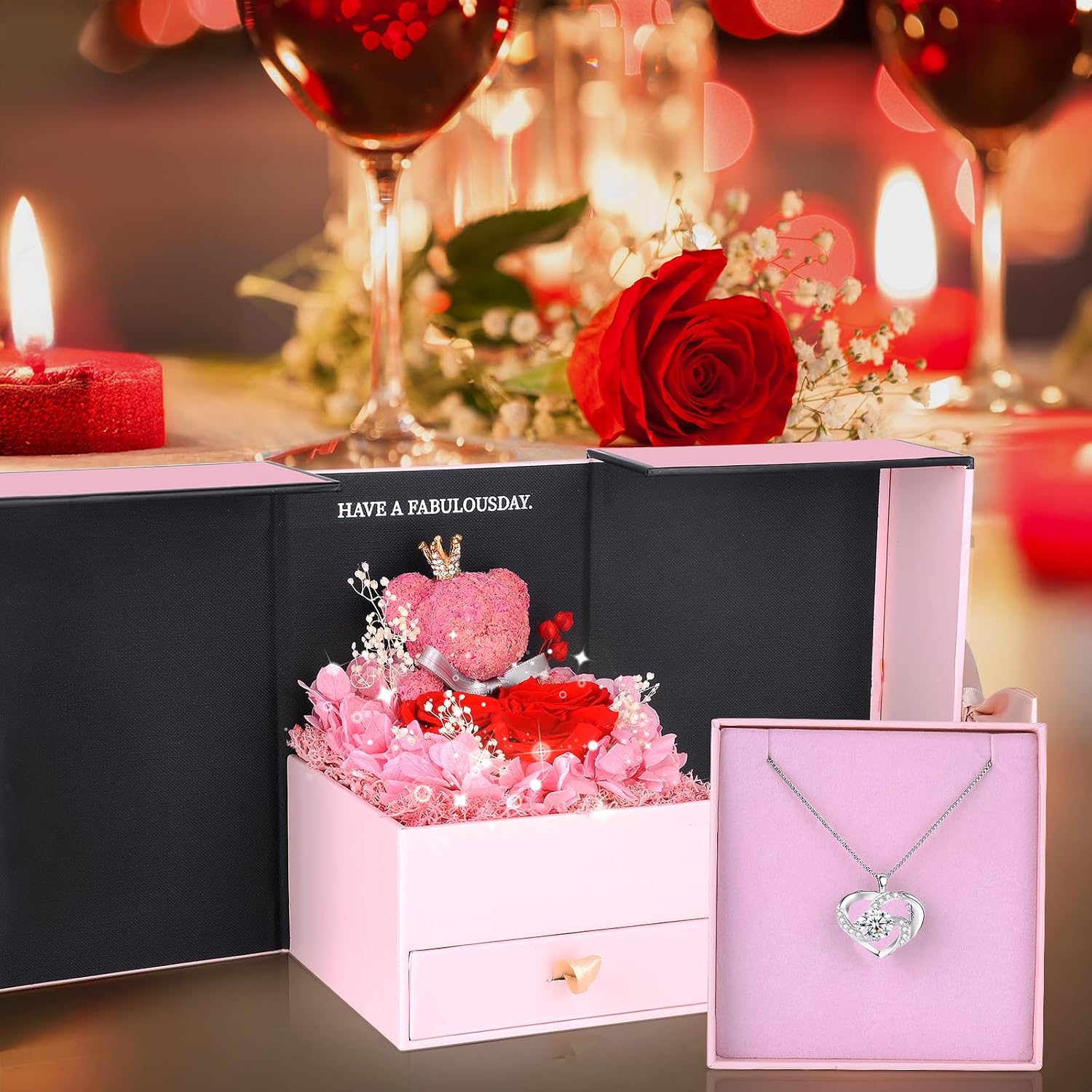 Rose Moss Bear Gifts for Mum, Real Eternal Rose Gift Box with Necklace, Preserved Rose Flower Box, Mother's Day Gift for Mum, Women, Wife, Girlfriend, Grandma, Valentine's Day, Anniversary, Christmas – Bild 2