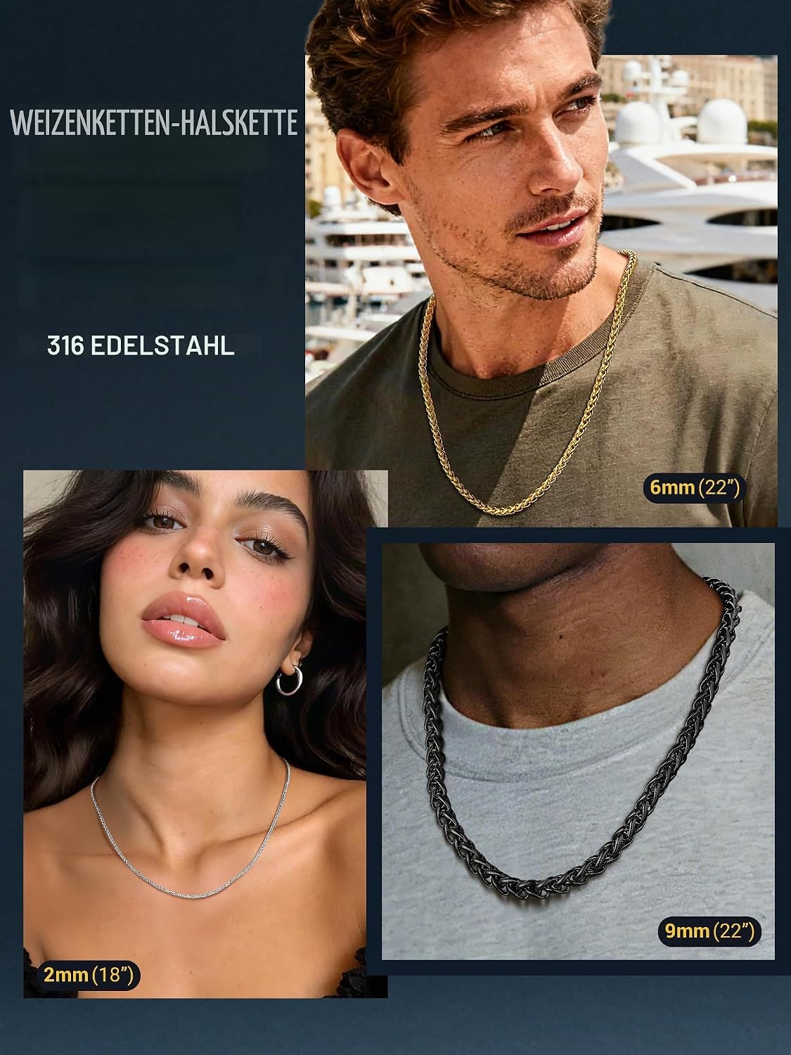 PROSTEEL Wheat Chain Men's Necklace Stainless Steel Chain Women's Link Chain Jewellery Men's Chain 46 to 76 cm Long Selectable 2/3/6/9 mm Wide in Silver/Black/Gold – Bild 5